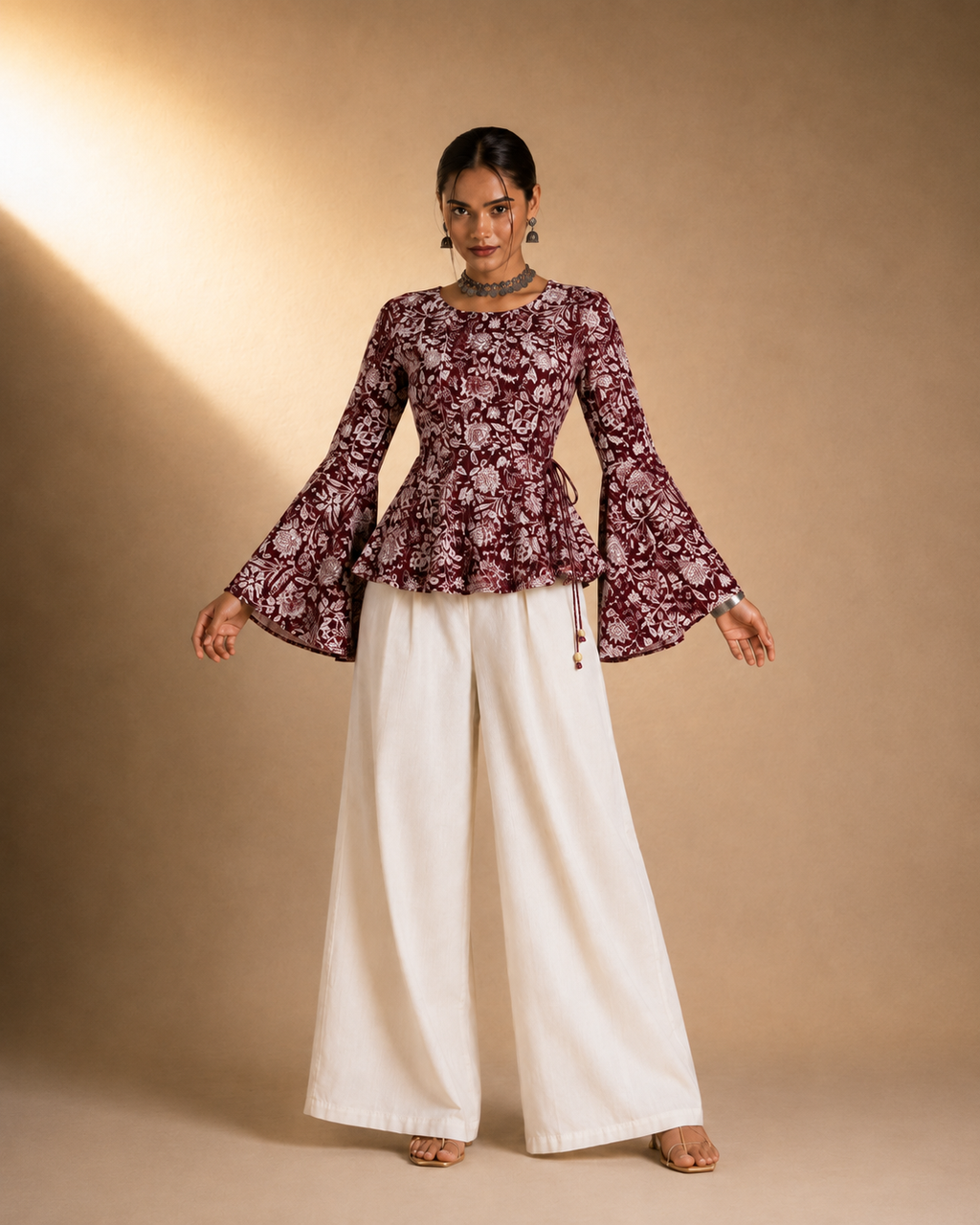 Saanjh | Maroon Bell Sleeve Top