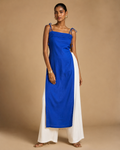 Cobalt blue cotton pintuck kurti front view, styled with white palazzo trousers - Myra by Kavyaantra