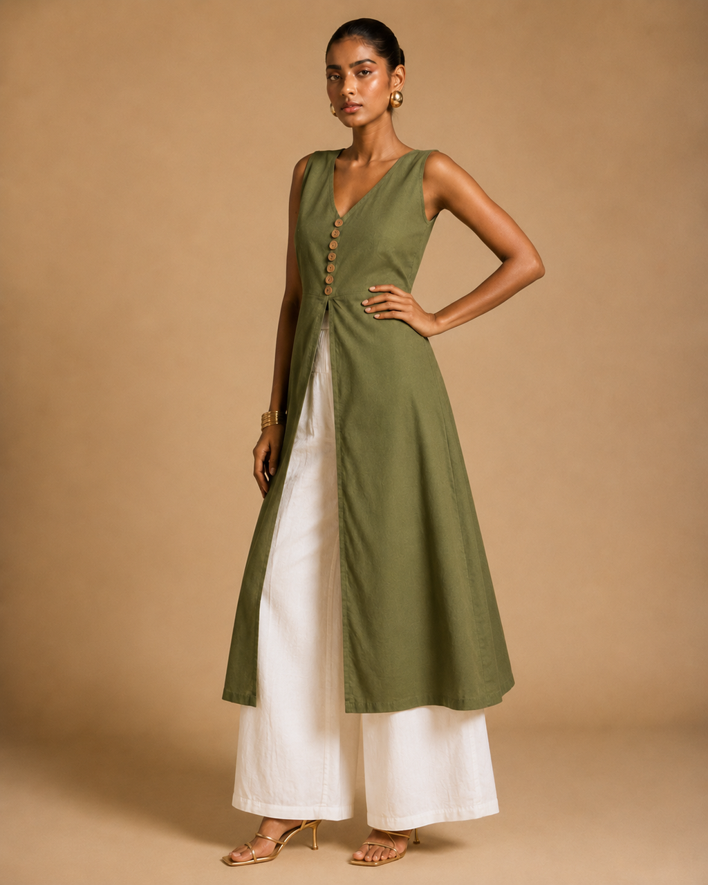 Olive green cotton front-slit kurti editorial view with carved terracotta buttons - Vanya by Kavyaantra