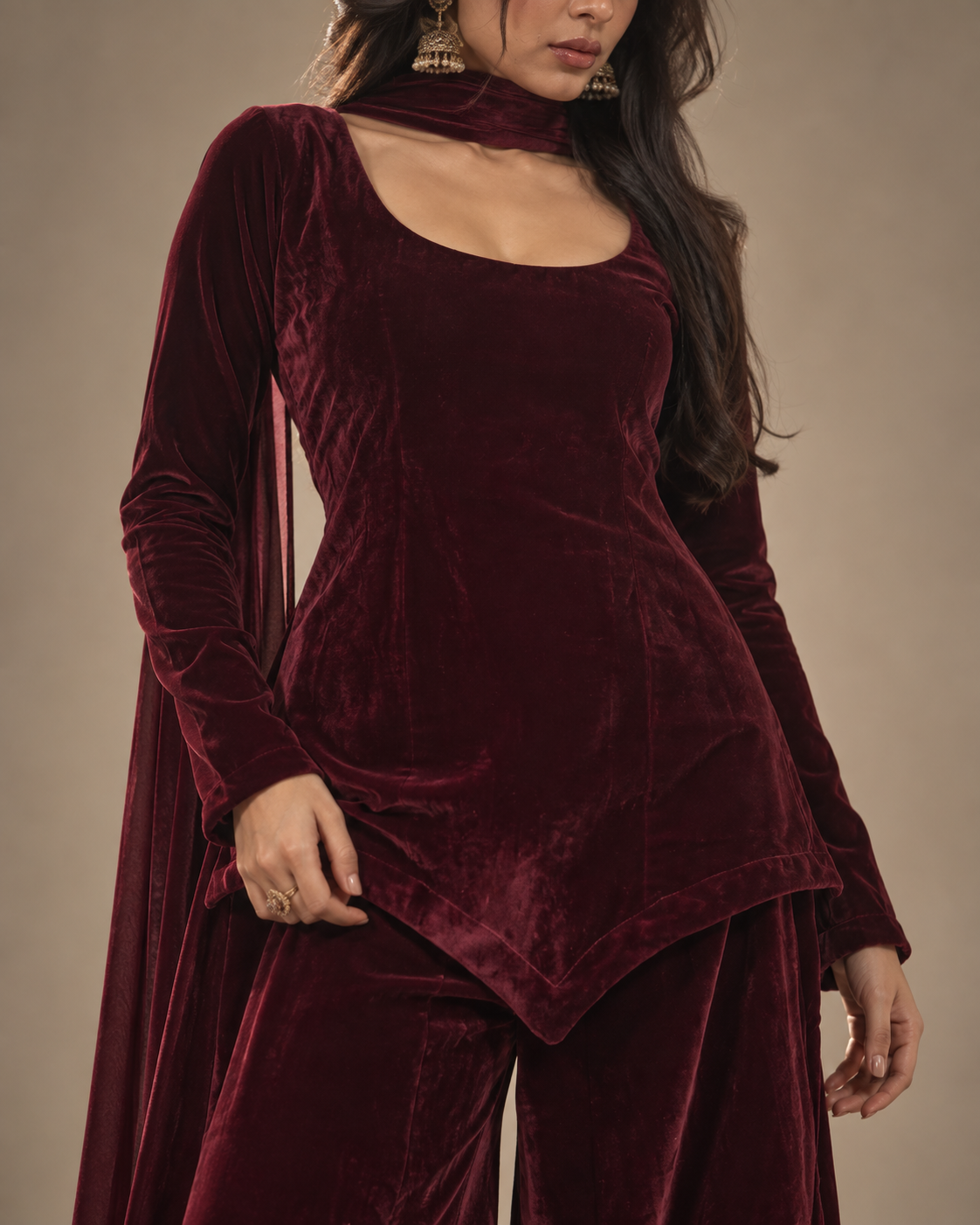 Gul deep maroon velvet kurti neckline and velvet texture detail with antique gold jewellery – Kavyaantra
