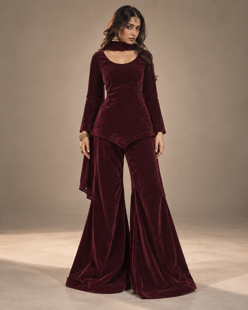 Gul deep maroon velvet sharara set front view with paan-cut kurti and sleek dupatta – Kavyaantra