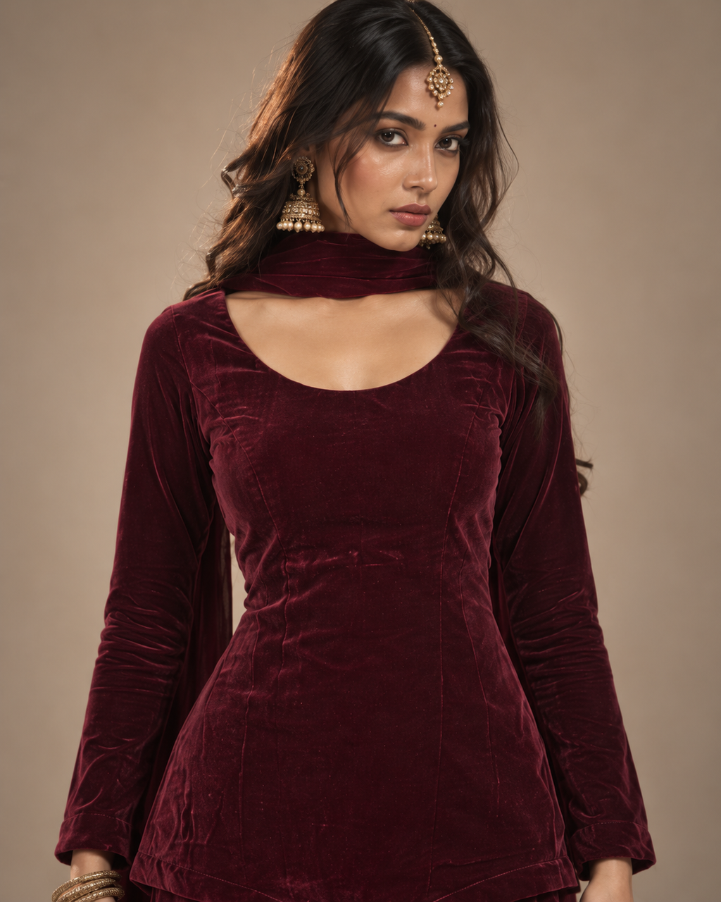 Gul deep maroon velvet sharara set three-quarter front view – Kavyaantra
