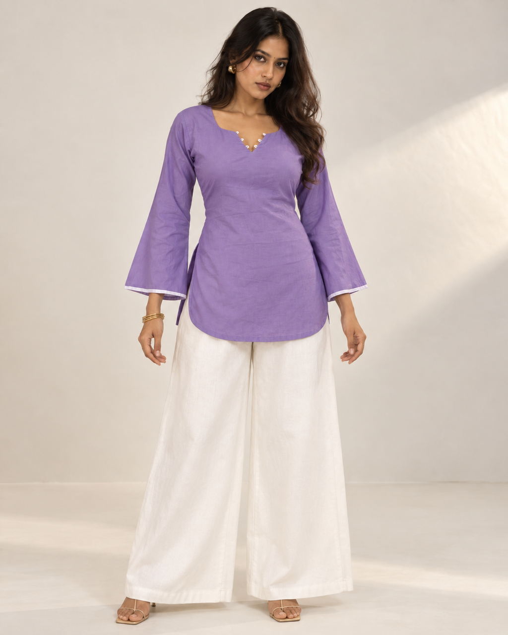 Inaya lavender cotton bell sleeve kurti for women with white palazzo front view