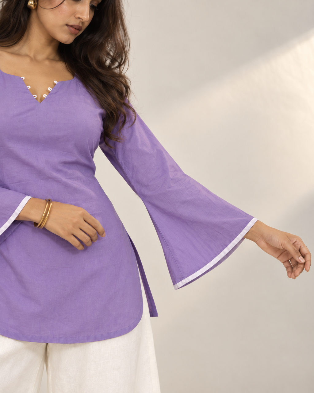 Inaya lavender cotton corset back kurti showing adjustable criss-cross lacing