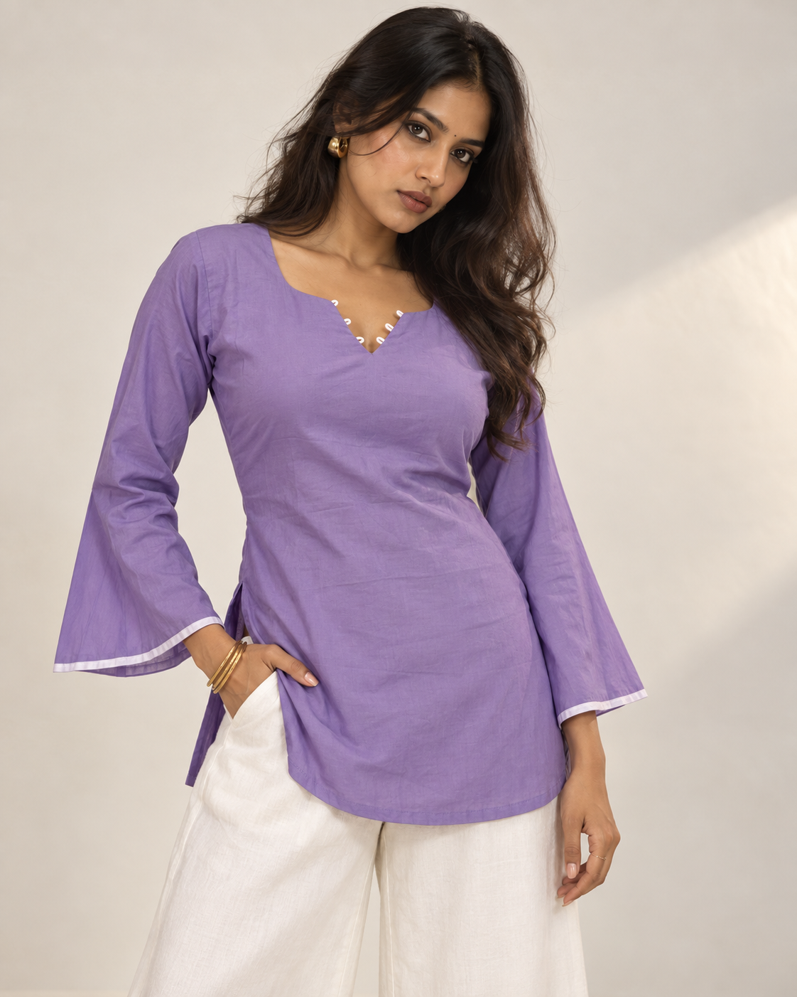 Inaya lavender cotton corset back kurti for women styled with white palazzo